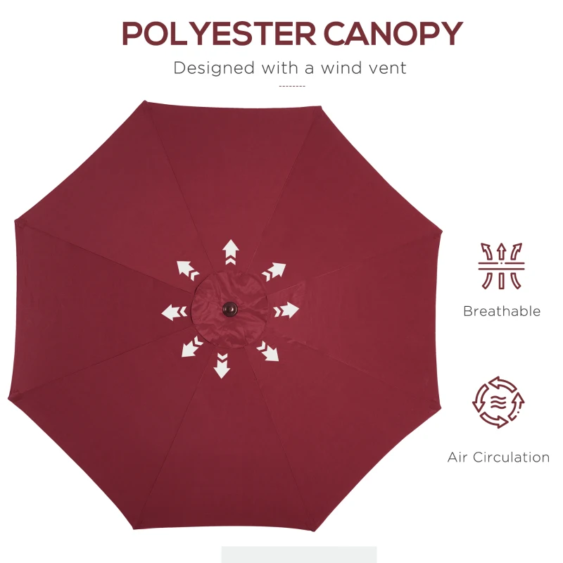 Outsunny 9' Round Aluminum Patio Umbrella 6 Ribs Market Sunshade Tilt Canopy w/ Crank Handle Garden Parasol Wine Red