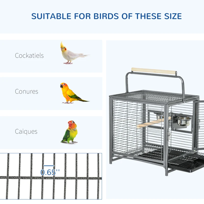 PawHut 18" Parrot Travel Carrier, Heavy Duty Wrought Iron Travel Bird Cage Carrier With Handle Perch And Accessories, Black