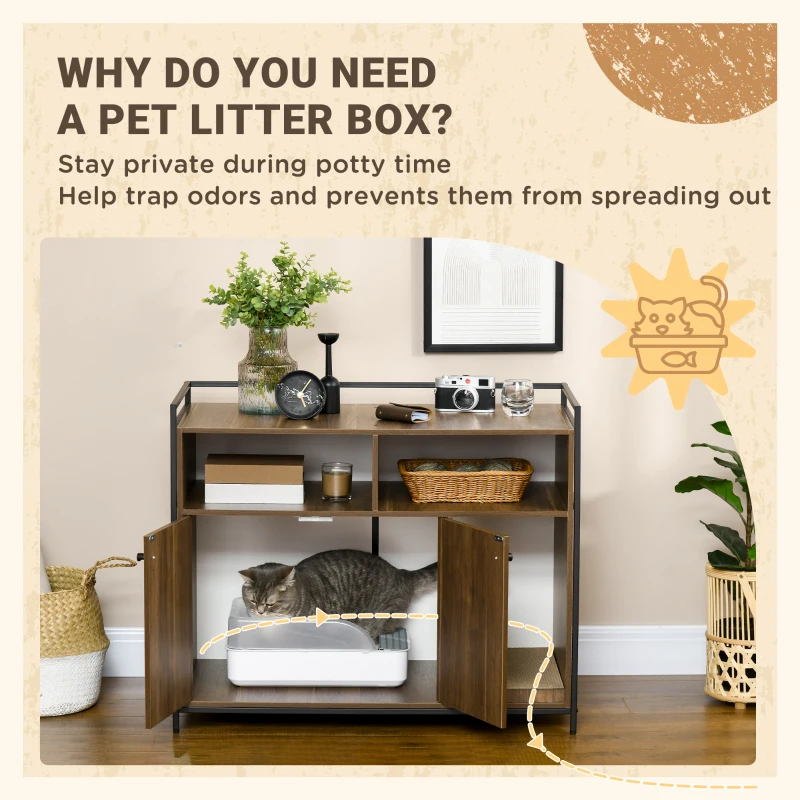 PawHut Hidden Cat Litter Box Enclosure with Scratching Pad, Cat Washroom Storage Bench Side End Table with Double Doors, Brown