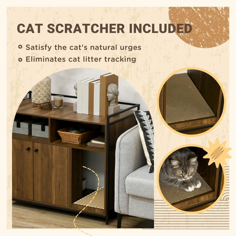 PawHut Hidden Cat Litter Box Enclosure with Scratching Pad, Cat Washroom Storage Bench Side End Table with Double Doors, Brown