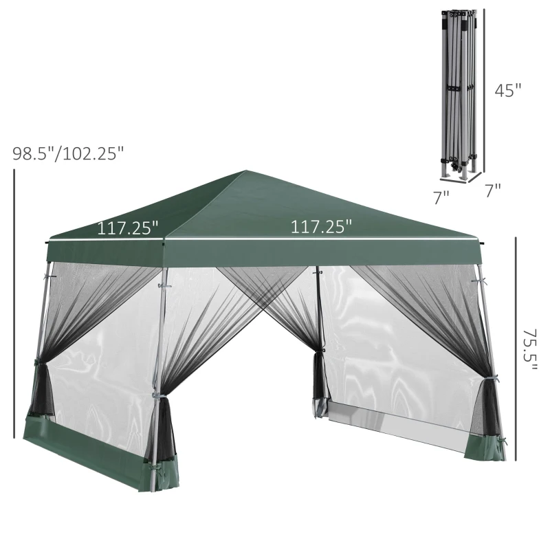 Outsunny Slant Leg Pop Up Canopy Tent with Netting and Carry Bag, Instant Sun Shelter, Tents for Parties, Height Adjustable, for Outdoor, Garden, Patio, (11.5'x11.5' Base / 10'x10' Top), Green