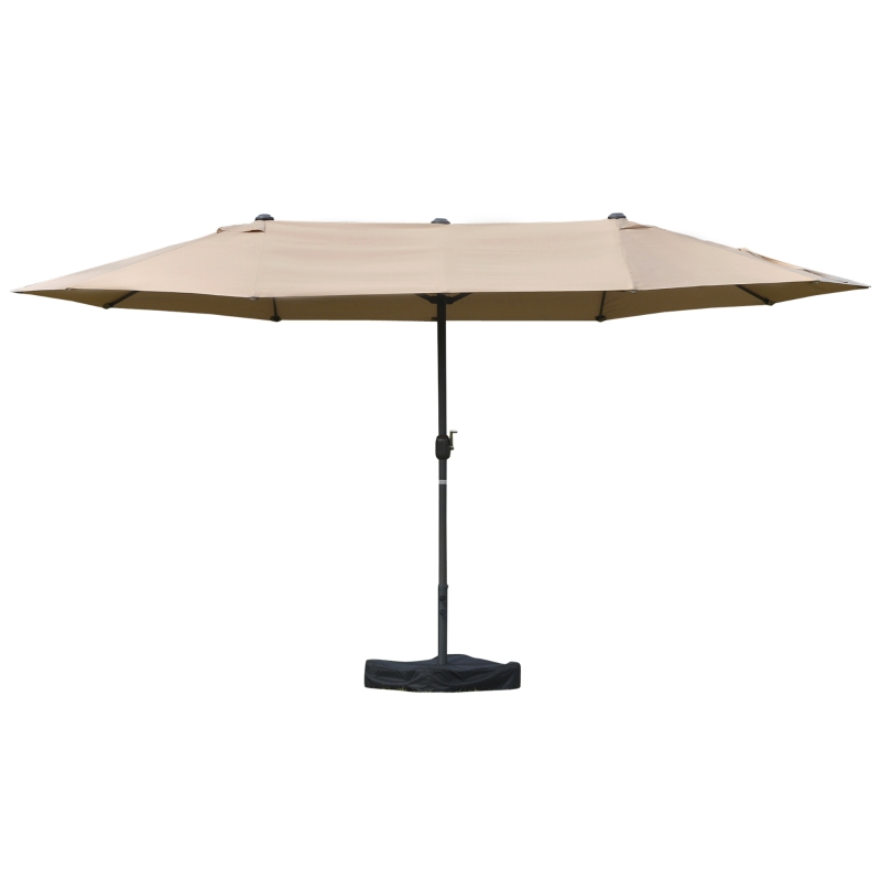 Outsunny 15' Outdoor Patio Umbrella with Twin Canopy Sunshade Steel Table Umbrella with Lift Crank, Cross base, Sandbag, Khaki
