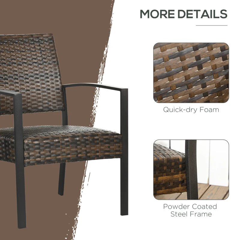 Outsunny Rattan Wicker Chair Set of 2, Single Padded Armchair with Quick Dry Foam Padded Seat, Steel Frame for Porch, Garden and Poolside, Outdoor Patio Furniture, Brown