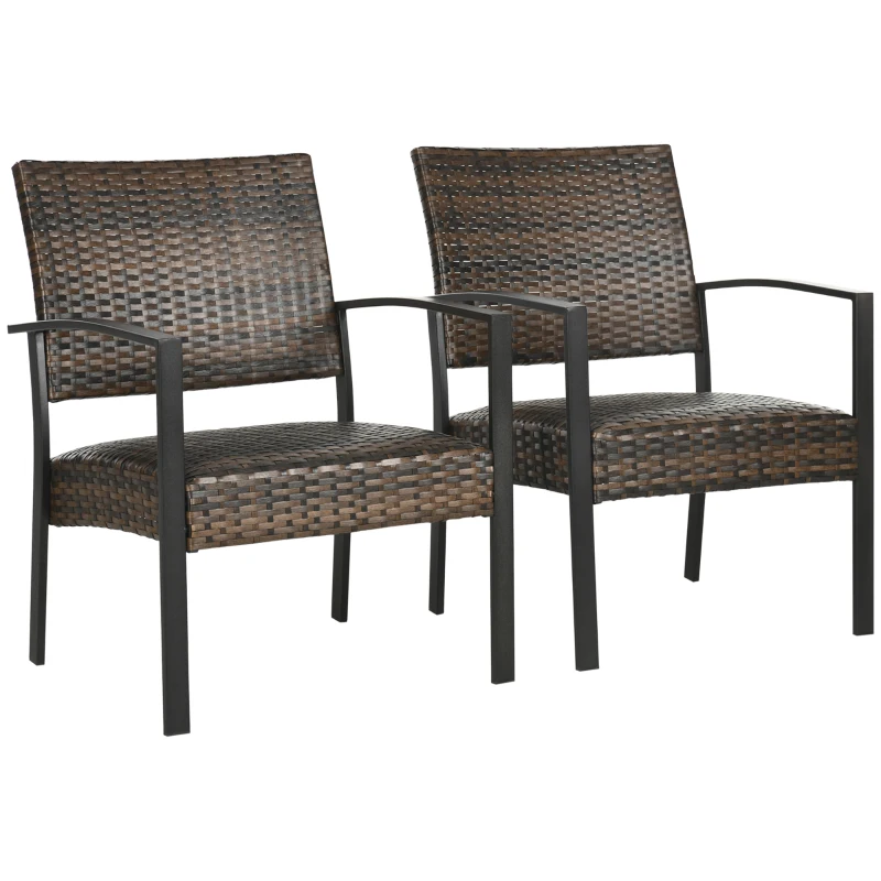 Outsunny Rattan Wicker Chair Set of 2, Single Padded Armchair with Quick Dry Foam Padded Seat, Steel Frame for Porch, Garden and Poolside, Outdoor Patio Furniture, Brown