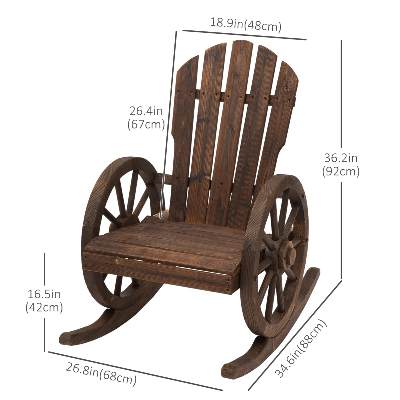 Outsunny Patio Wooden Rocking Chair, Wagon Outdoor Rocker Chair with Slatted Design and Wheel Armrests for Garden, Carbonized