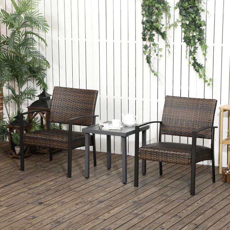 Outsunny Rattan Wicker Chair Set of 2, Single Padded Armchair with Quick Dry Foam Padded Seat, Steel Frame for Porch, Garden and Poolside, Outdoor Patio Furniture, Brown