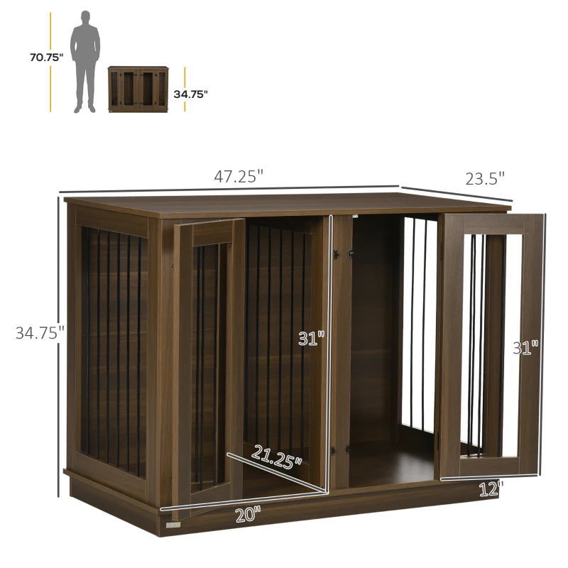 PawHut Furniture Style Dog Crate with Removable Divider, Dog Crate Side End Table Indoor with Double Doors, for Small to Large Dogs, 47" x 23.5" x 35", Walnut