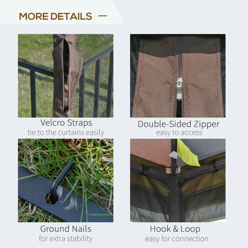 Outsunny 10'x10' Soft-top Patio Gazebo with Double Tier Roof, Mesh Curtains, Display Shelves, Top Hooks, Coffee