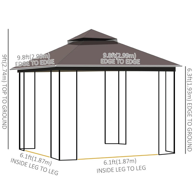 Outsunny 10'x10' Soft-top Patio Gazebo with Double Tier Roof, Mesh Curtains, Display Shelves, Top Hooks, Coffee