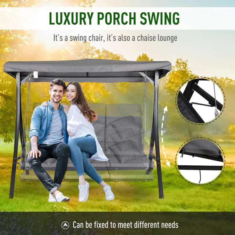 Outsunny Outdoor Swing 3-Person Metal Porch Swing Chair Chaise Lounge Bed for Patio Garden Poolside