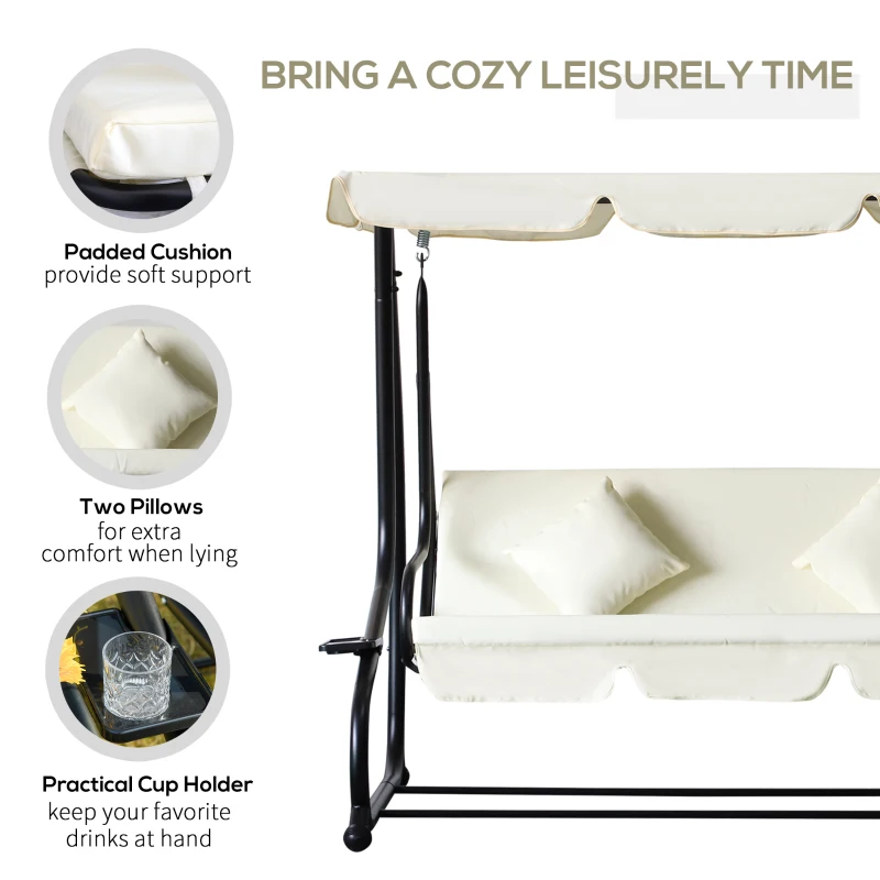 Outsunny 3 Seater Patio Swing Chair Convertible Cushioned Bed Outdoor Porch with Canopy and Pillow