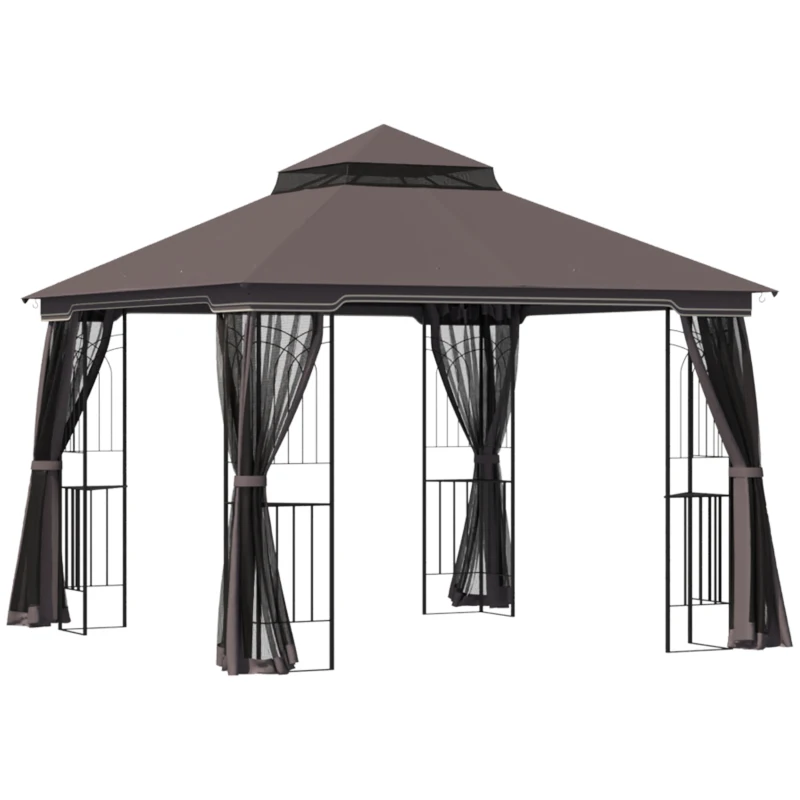 Outsunny 10'x10' Soft-top Patio Gazebo with Double Tier Roof, Mesh Curtains, Display Shelves, Top Hooks, Coffee