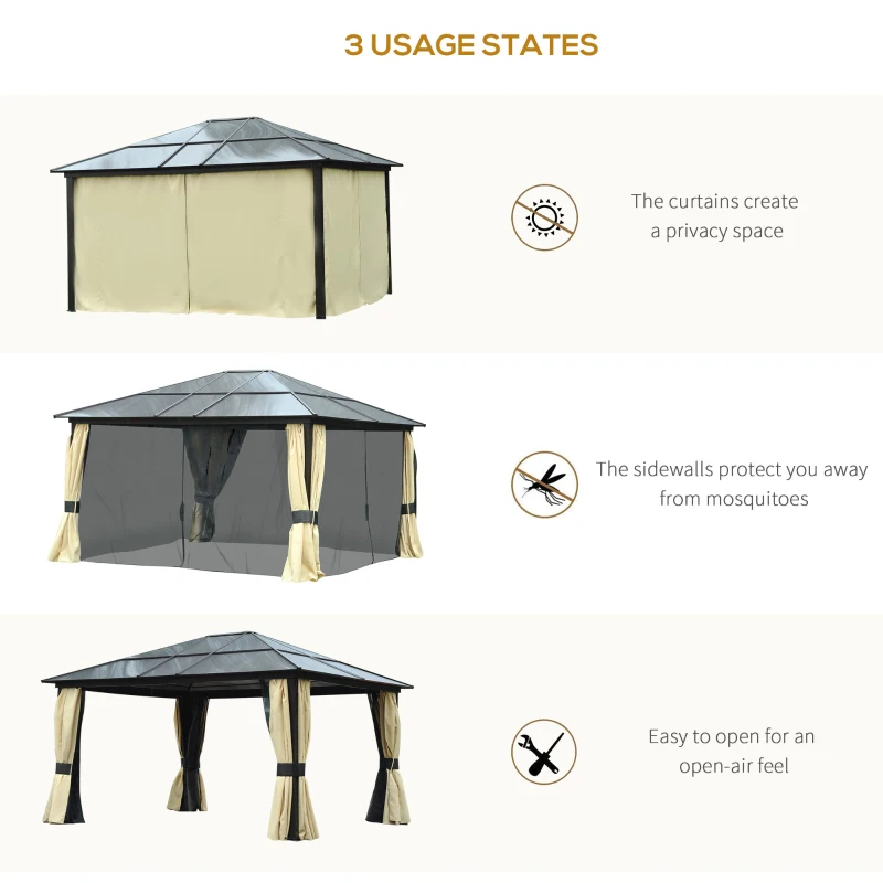 Outsunny 12' x 14' Deluxe Hard Top Patio Gazebo Canopy Garden Aluminum Shelter with Curtains and Mosquito Netting
