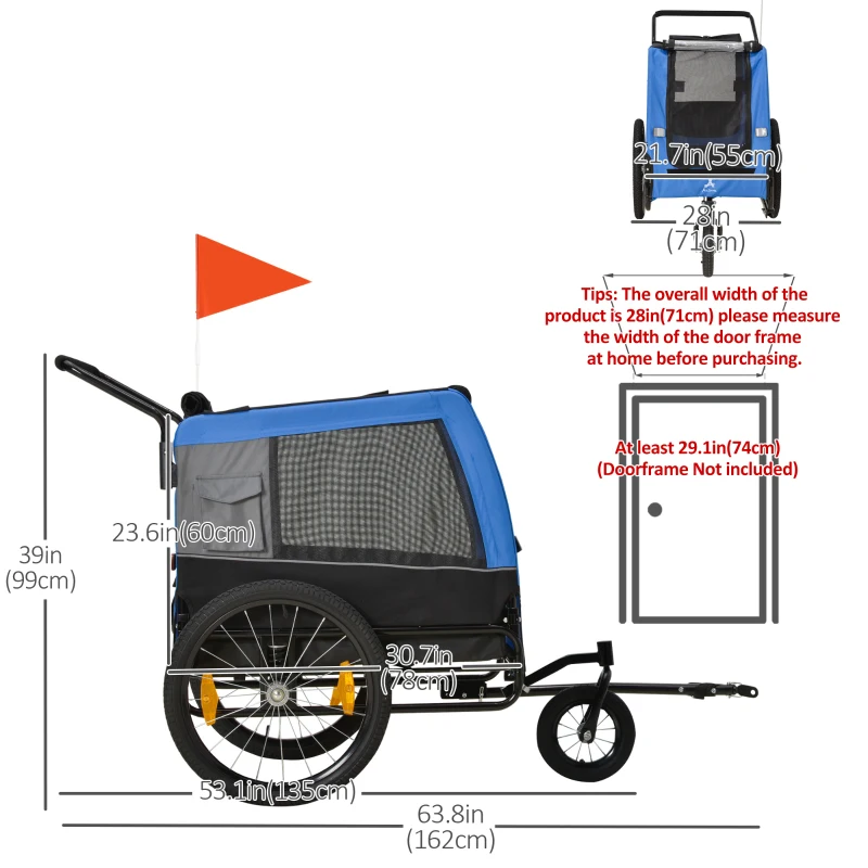 Aosom 2-in-1 Dog Bike Trailer Pet Stroller for Medium Dogs with Suspension, Hitch, Storage, Bicycle Cart Wagon Cargo Carrier Attachment for Travel, Blue
