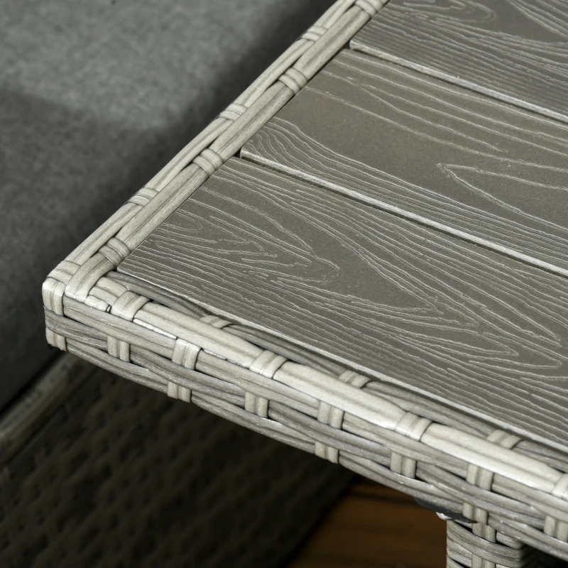 Outsunny Patio Dining Set, PE Rattan Furniture w/ 2 Chairs, Cushions & 3-Seat Sofa, Woodgrain Slatted Dinner Table, Mixed Gray