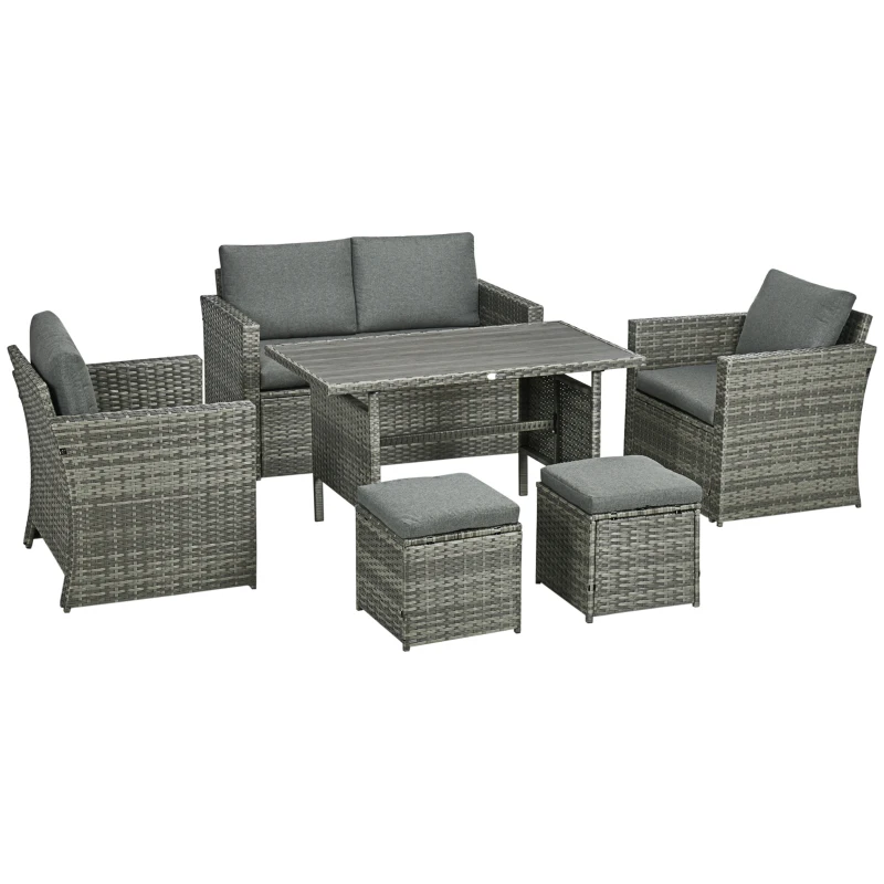 Outsunny Patio Dining Set, PE Rattan Furniture w/ 2 Chairs, Cushions & 3-Seat Sofa, Woodgrain Slatted Dinner Table, Mixed Gray