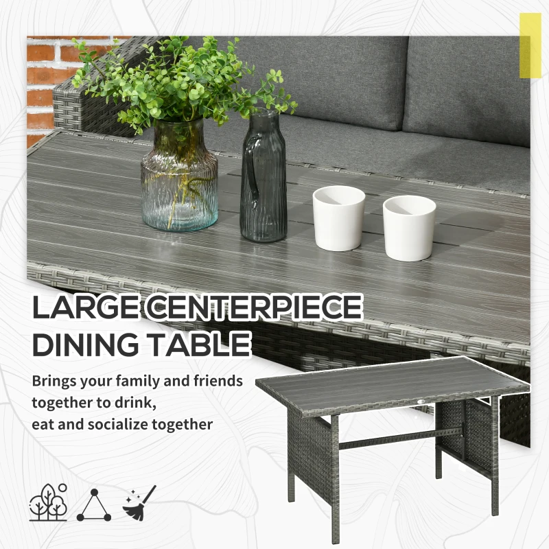 Outsunny Patio Dining Set, PE Rattan Furniture w/ 2 Chairs, Cushions & 3-Seat Sofa, Woodgrain Slatted Dinner Table, Mixed Gray
