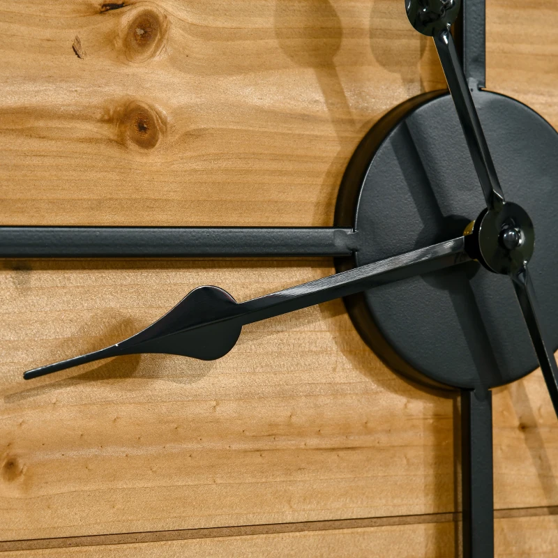 HOMCOM 36 Inch Large Wall Clock, Square Silent Non Ticking Metal Wood Farmhouse Roman Numeral Clocks for Living Room Decor, Battery Operated, Black and Natural Wood Color