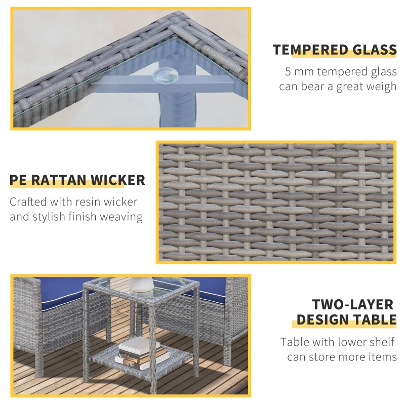 Outsunny 3 Piece Patio Furniture Set w/ Cushions, PE Rattan Outdoor Table And Chairs, 2-Tier Glass Top Coffee Table, Blue