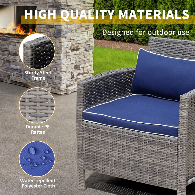 Outsunny 3 Piece Patio Furniture Set w/ Cushions, PE Rattan Outdoor Table And Chairs, 2-Tier Glass Top Coffee Table, Blue