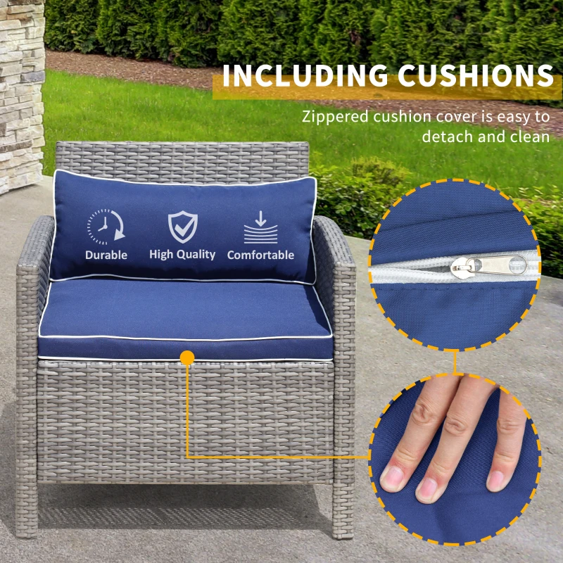 Outsunny 3 Piece Patio Furniture Set w/ Cushions, PE Rattan Outdoor Table And Chairs, 2-Tier Glass Top Coffee Table, Blue