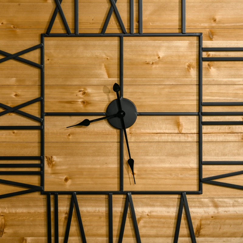 HOMCOM 36 Inch Large Wall Clock, Square Silent Non Ticking Metal Wood Farmhouse Roman Numeral Clocks for Living Room Decor, Battery Operated, Black and Natural Wood Color
