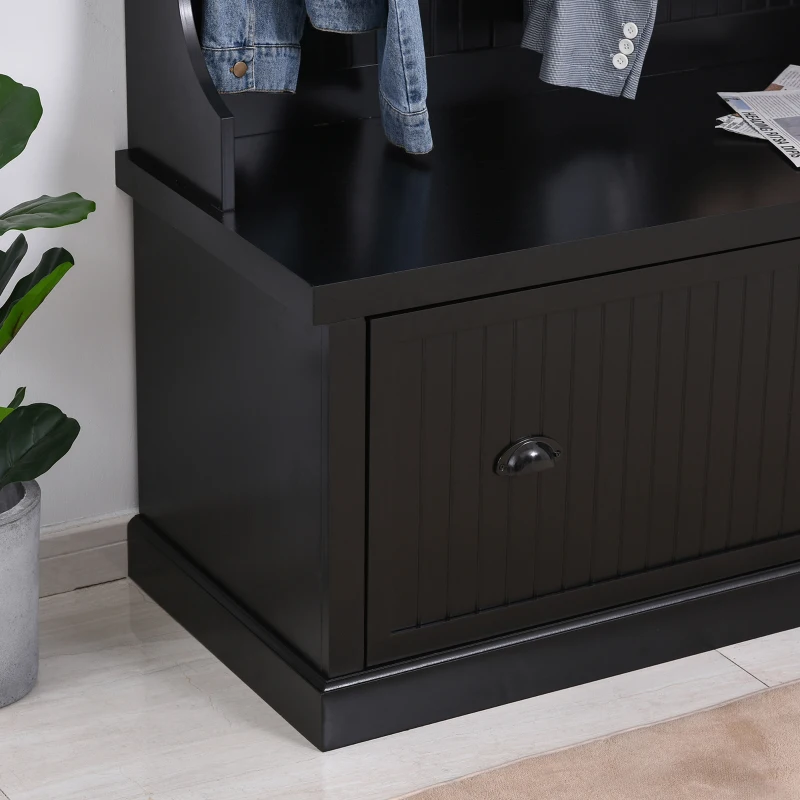 HOMCOM Coat Rack Shoe, Bench Hall Tree for Entryway with Bottom Storage, 4 Metal Double Hooks and 2 Shelves for Hallway, Black