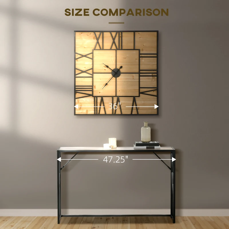 HOMCOM 36 Inch Large Wall Clock, Square Silent Non Ticking Metal Wood Farmhouse Roman Numeral Clocks for Living Room Decor, Battery Operated, Black and Natural Wood Color