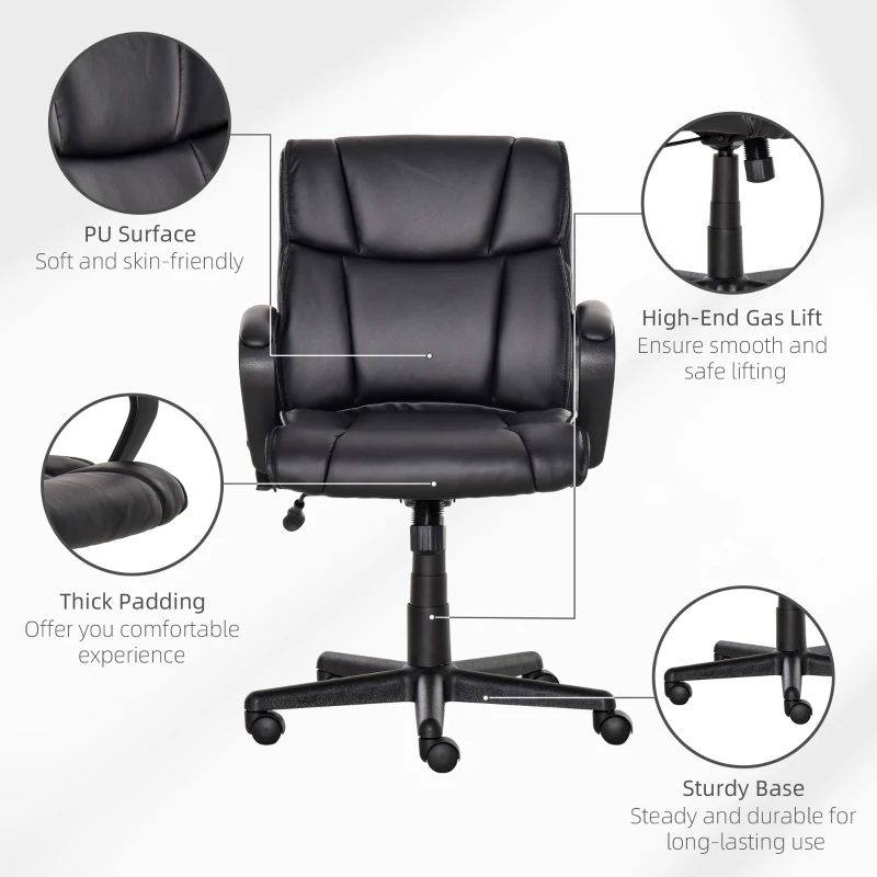 Vinsetto Mid Back Home Office Chair with 2-Point Lumbar Massage, USB Power, Faux Leather Desk Computer Chair, Black