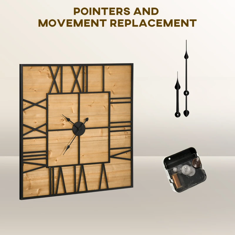 HOMCOM 36 Inch Large Wall Clock, Square Silent Non Ticking Metal Wood Farmhouse Roman Numeral Clocks for Living Room Decor, Battery Operated, Black and Natural Wood Color