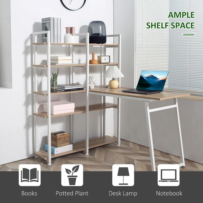 HOMCOM 5 Tier Versatile L-Shaped Computer Desk, Writing Table with Display Shelves and Metal Frame, Space-Saving for Study, Home Office, Natural