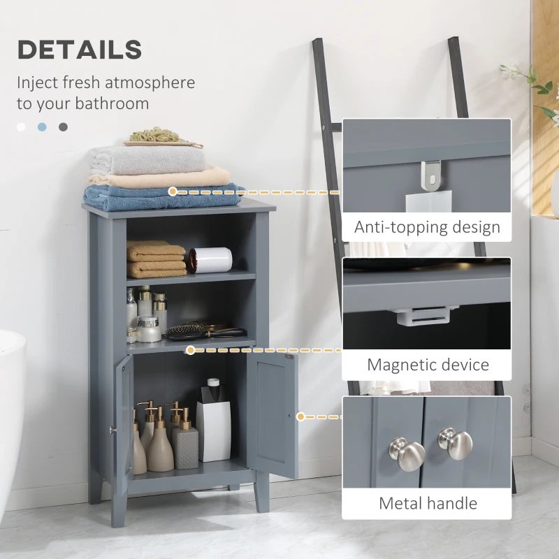 kleankin Bathroom Cabinet Organizer with 2-Tier Open Shelves, Double Door Enclosed Storage and Elevated Base, Dark Gray