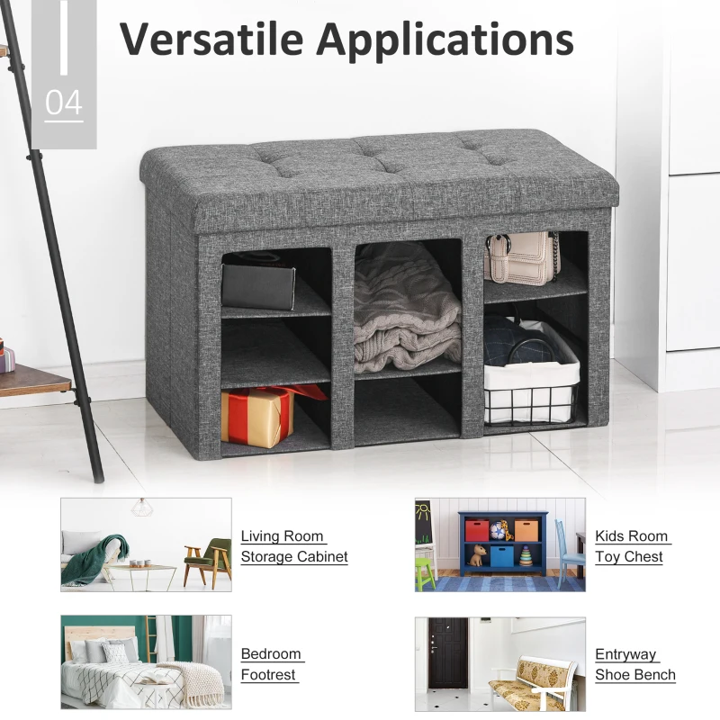 HOMCOM Modern Folding Shoe Storage Bench with Flipping Lid, Ottoman Bench for Bedroom & Hallway with 9 Cubes, Gray