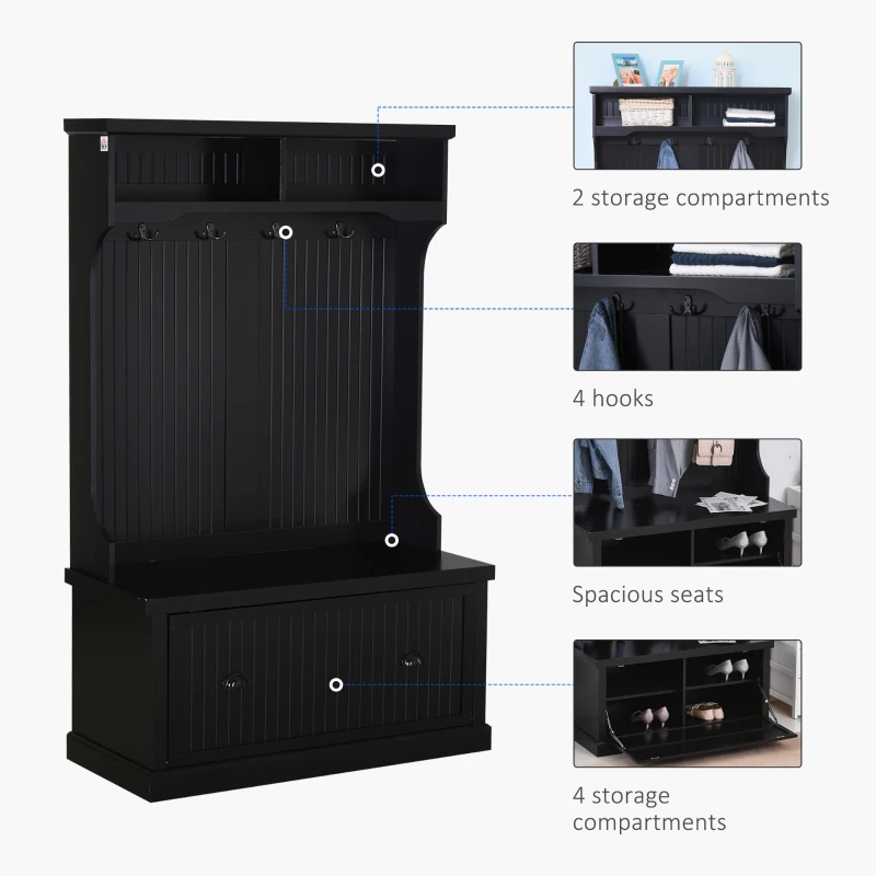 HOMCOM Coat Rack Shoe, Bench Hall Tree for Entryway with Bottom Storage, 4 Metal Double Hooks and 2 Shelves for Hallway, Black