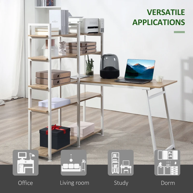 HOMCOM 5 Tier Versatile L-Shaped Computer Desk, Writing Table with Display Shelves and Metal Frame, Space-Saving for Study, Home Office, Natural