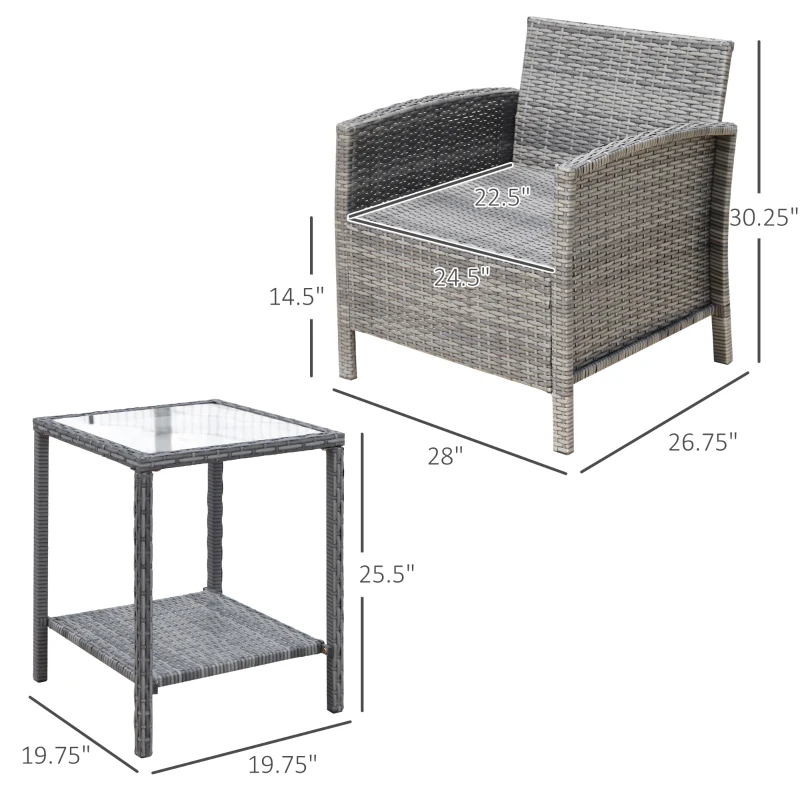 Outsunny 3 Piece Patio Furniture Set w/ Cushions, PE Rattan Outdoor Table And Chairs, 2-Tier Glass Top Coffee Table, Blue
