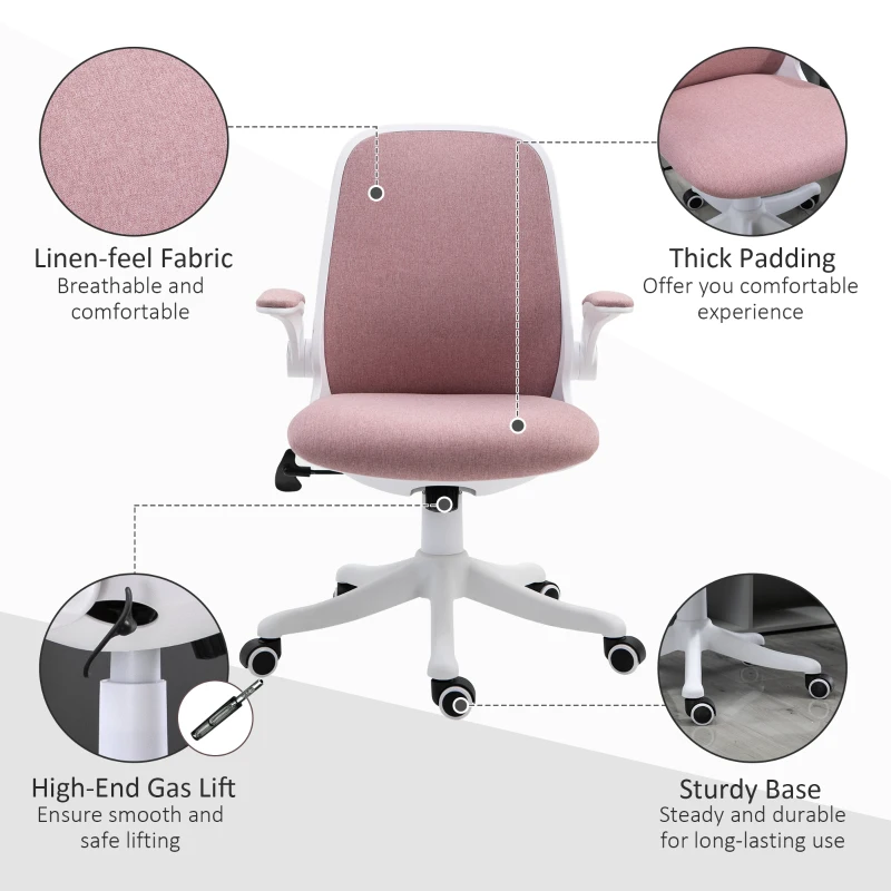 Vinsetto Linen-Touch Fabric Office Chair Swivel Task Chair with Adjustable Lumbar Support, Height and Flip-up Arms, Pink