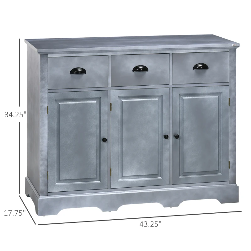 HOMCOM Sideboard Buffet Kitchen Sideboard Cabinet with 3 Drawers 3 Door Cabinets Adjustable Shelf for Living Room Gray
