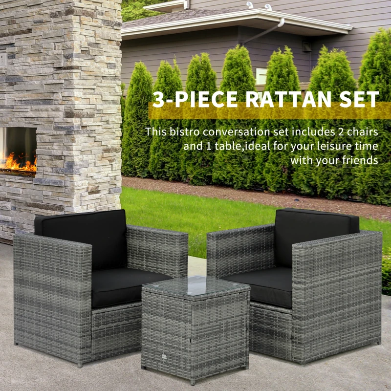 Outsunny Wicker Bistro Patio Set, 2 Porch Chairs & Glass Table, Black