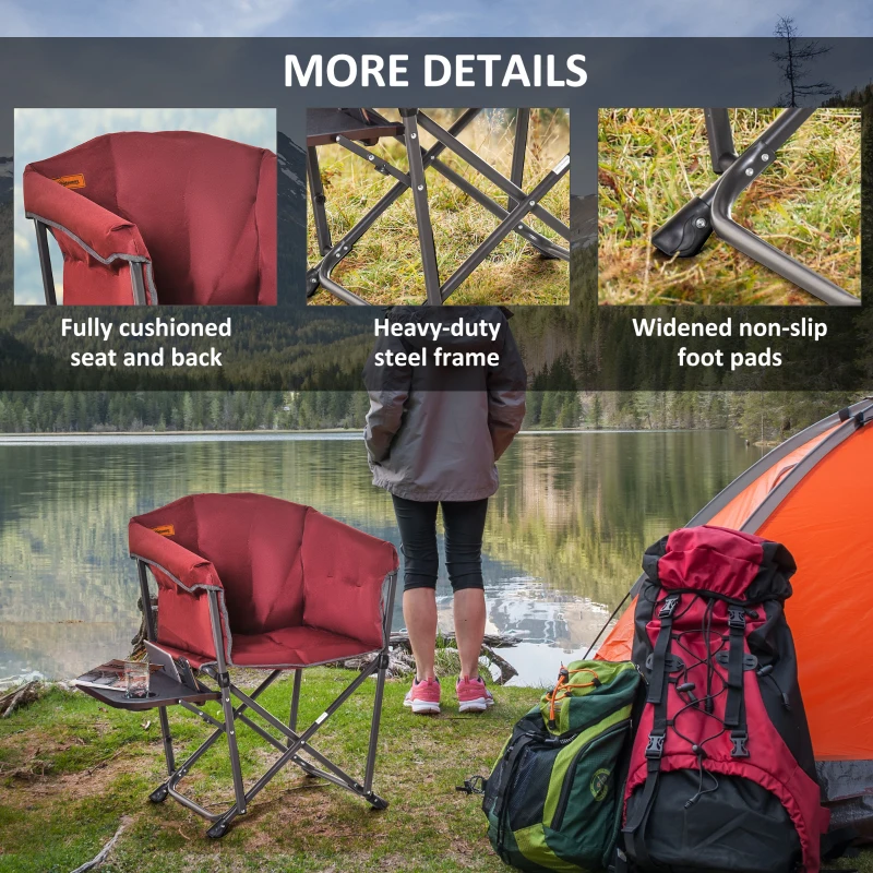 Outsunny Folding Camping Chair, Padded Director Chair with Side Table and Cup Holder, Portable for Picnic, Beach, Hiking, Travel, Red