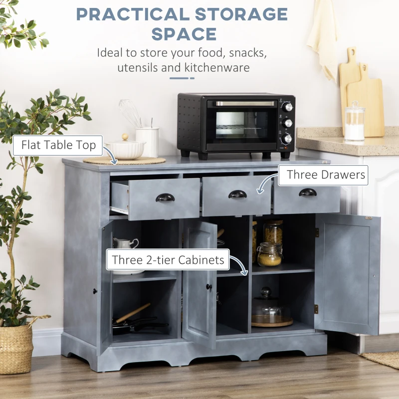 HOMCOM Sideboard Buffet Kitchen Sideboard Cabinet with 3 Drawers 3 Door Cabinets Adjustable Shelf for Living Room Gray