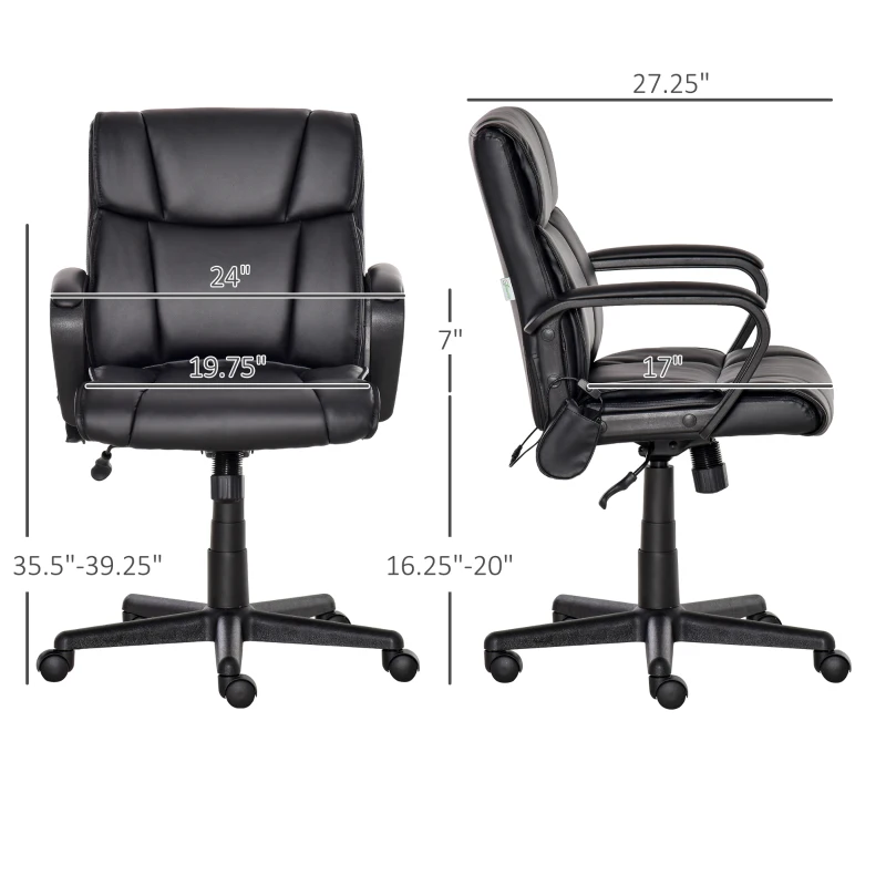Vinsetto Mid Back Home Office Chair with 2-Point Lumbar Massage, USB Power, Faux Leather Desk Computer Chair, Black