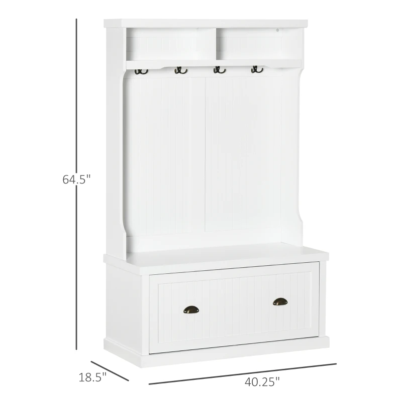 HOMCOM Coat Rack Shoe, Bench Hall Tree for Entryway with Bottom Storage, 4 Metal Double Hooks and 2 Shelves for Hallway, White