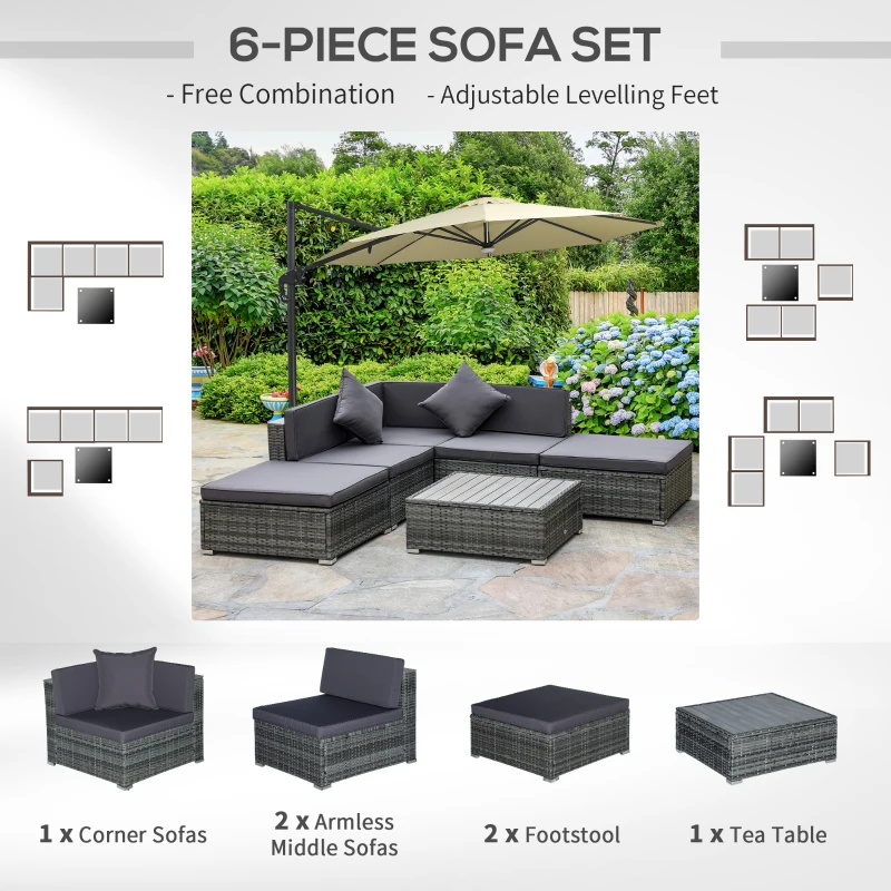 Outsunny 6 Piece Patio Furniture Set, All Weather Outdoor Rattan Sectional Sofa Couch with Chaise Lounge Sides, Coffee Table & Chairs, Conversation Set with Pillows & Cushions, Gray