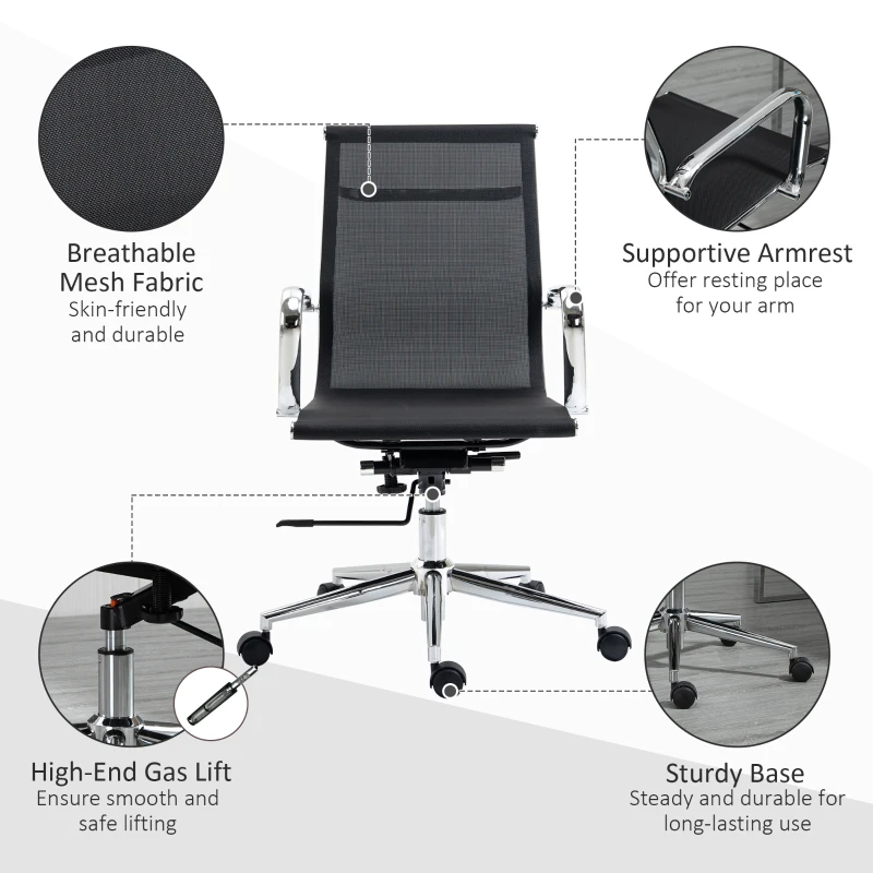 Vinsetto Mesh Office Chair, Swivel Computer Desk Chair with Adjustable Height and Armrests, Black