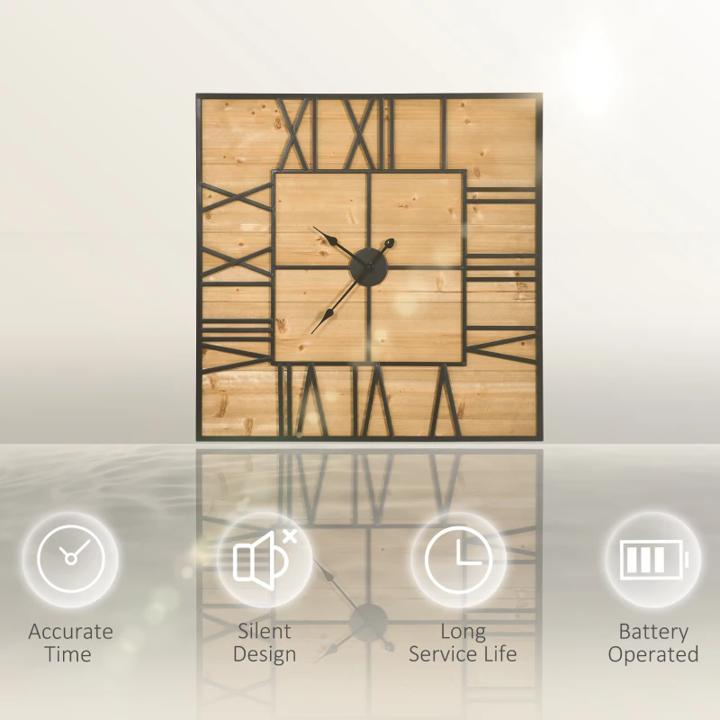 HOMCOM 36 Inch Large Wall Clock, Square Silent Non Ticking Metal Wood Farmhouse Roman Numeral Clocks for Living Room Decor, Battery Operated, Black and Natural Wood Color