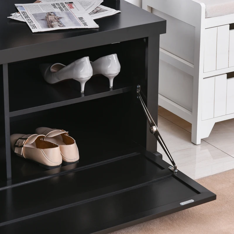 HOMCOM Coat Rack Shoe, Bench Hall Tree for Entryway with Bottom Storage, 4 Metal Double Hooks and 2 Shelves for Hallway, Black