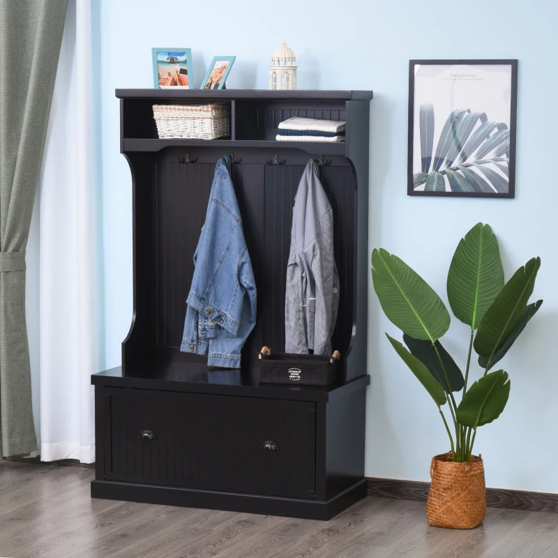 HOMCOM Coat Rack Shoe, Bench Hall Tree for Entryway with Bottom Storage, 4 Metal Double Hooks and 2 Shelves for Hallway, Black