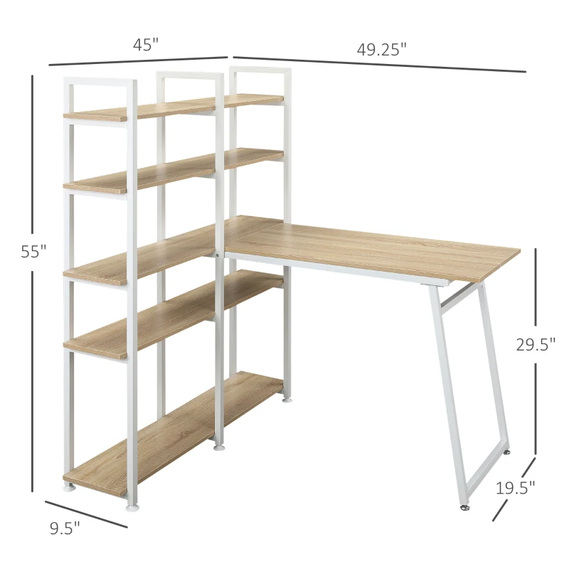 HOMCOM 5 Tier Versatile L-Shaped Computer Desk, Writing Table with Display Shelves and Metal Frame, Space-Saving for Study, Home Office, Natural
