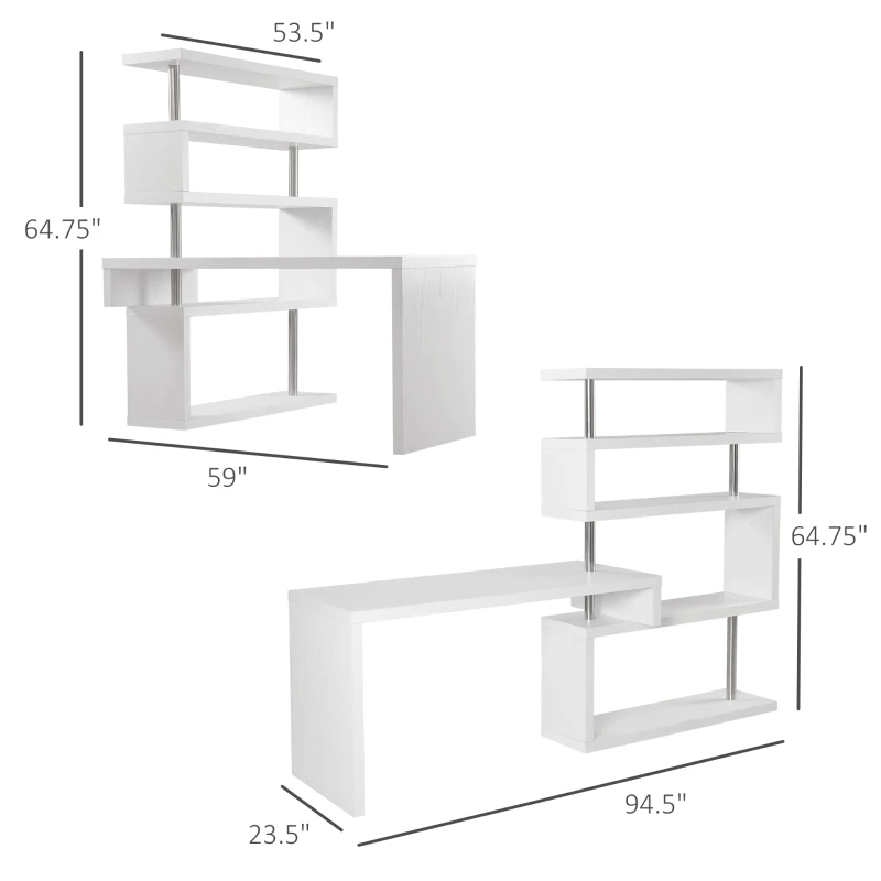 HOMCOM 94" 5 Tier L-Shaped Computer Desk Rotating Writing Table Corner Desk with Display Shelves and Stainless Steel Frame, White